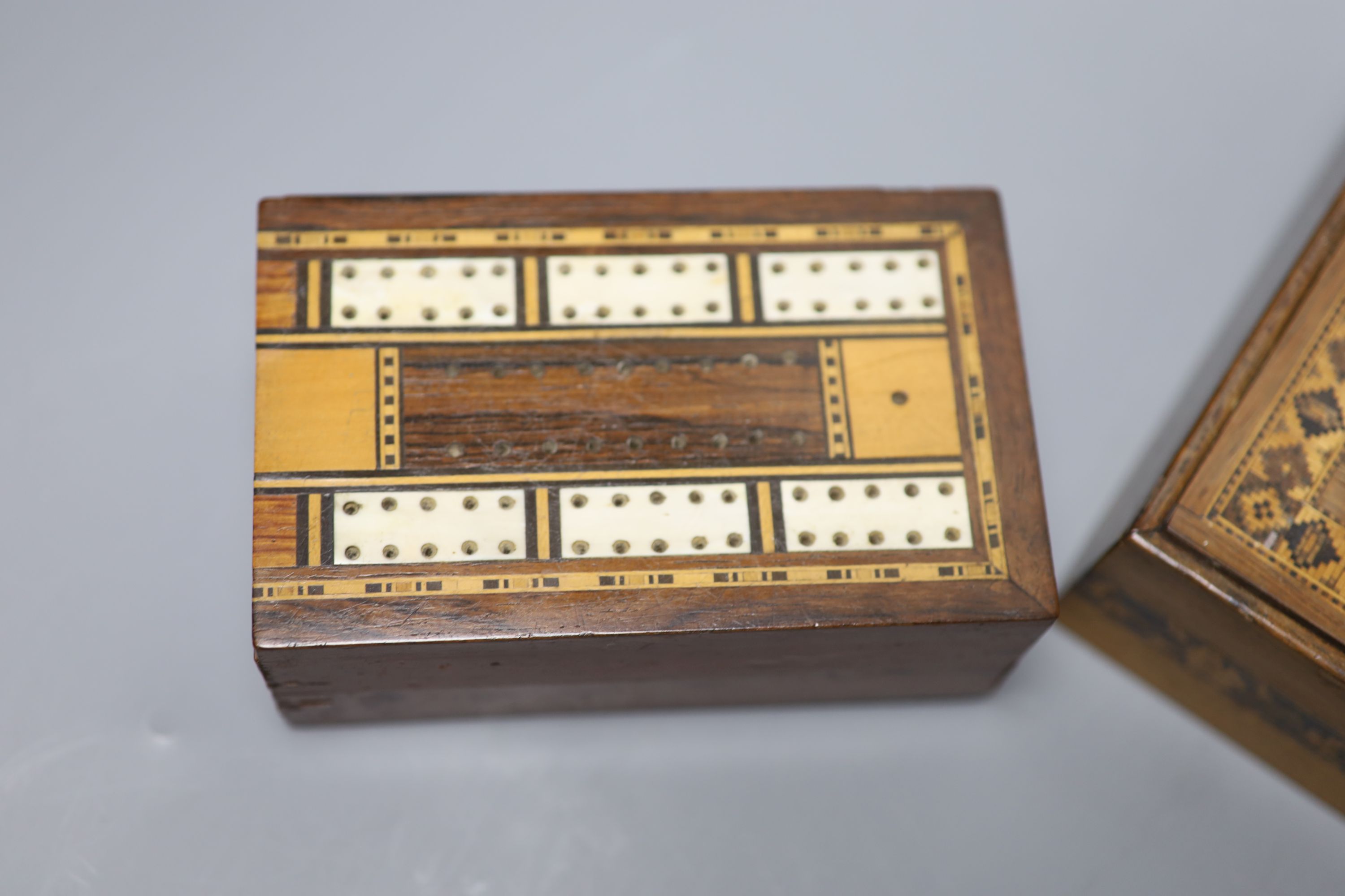 Two Tunbridgeware boxes, one for jewellery and a cribbage board